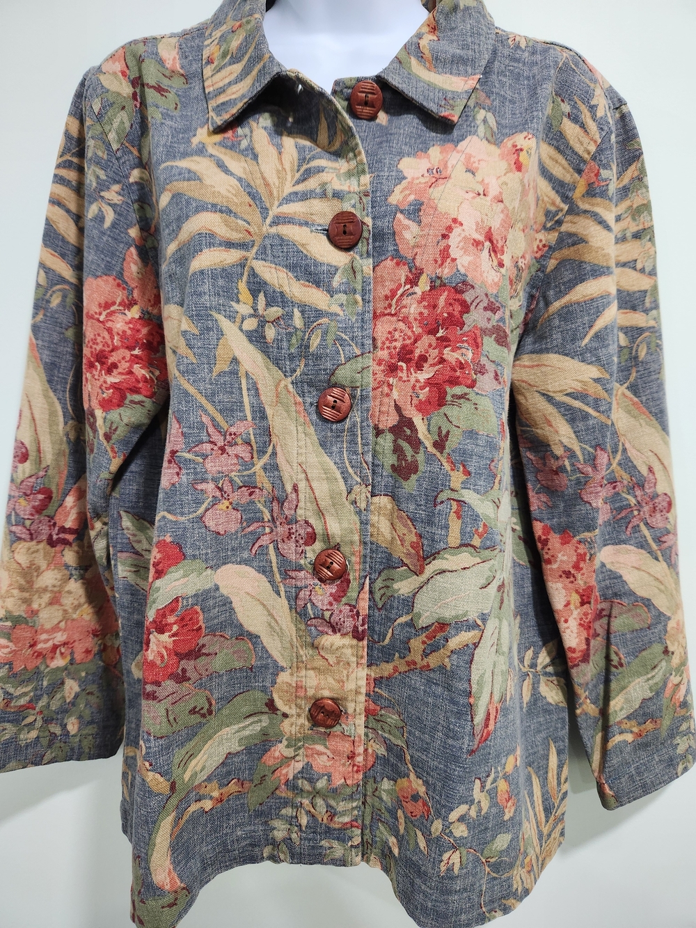 Vintage Coldwater Creek Floral Button-Up Jacket in Blue, Red, Cream